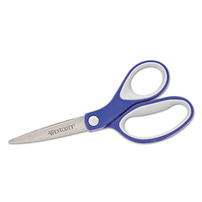 KleenEarth Soft Handle Scissors, Pointed Tip, 7" Long, 2.25" Cut Length, Blue/Gray Straight Handle