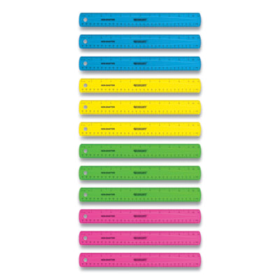 Non-Shatter Flexible Ruler, Standard/Metric, 12" (30 cm) Long, Plastic, Assorted Translucent Colors, 12/Box