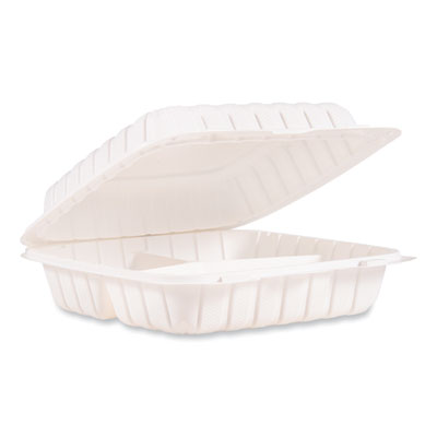 Hinged Lid Containers, 3-Compartment, 9 x 8.75 x 3, White, Plastic, 150/Carton