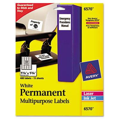 Permanent ID Labels w/ Sure Feed Technology, Inkjet/Laser Printers, 1.25 x 1.75, White, 32/Sheet, 15 Sheets/Pack