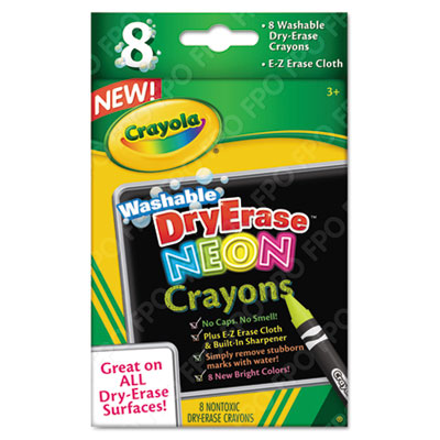 Washable Dry Erase Crayons w/E-Z Erase Cloth, Assorted Neon Colors, 8/Pack