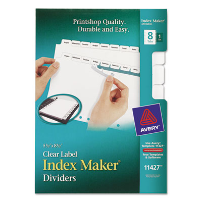 Print and Apply Index Maker Clear Label Dividers with Label Strip/White Tabs, 7-Hole Punched, 8-Tab, 8.5 x 5.5, White, 1 Set