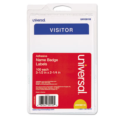 Visitor Self-Adhesive Name Badges, 3.5 x 2.25, White/Blue, 100/Pack