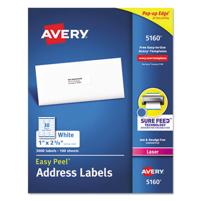Easy Peel White Address Labels w/ Sure Feed Technology, Laser Printers, 1 x 2.63, White, 30/Sheet, 100 Sheets/Box