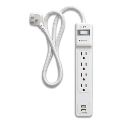 Surge Protector, 4 AC Outlets/2 USB Ports, 3 ft Cord, 600 J, White