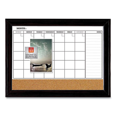Magnetic Combination Dry Erase Calendar/Cork Board, 35 x 23, Tan/White Surface, Black Wood Frame