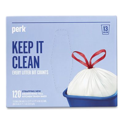 Drawstring Tall Kitchen Trash Bags, 13 gal, 0.9 mil, 28" x 24", White, 120/Box