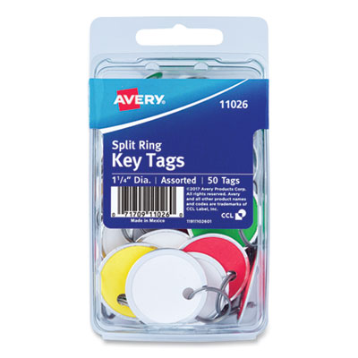 Key Tags with Split Ring, 1.25" dia, Assorted Colors, 50/Pack