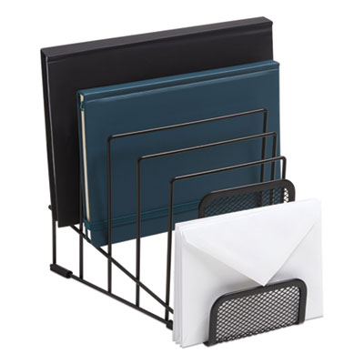 Metal Incline Sorter with Wire Mesh Mobile Device Holder, 6 Sections, 7.48 x 8.77 x 7.55, Matte Black