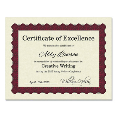 Metallic Border Certificates, 11 x 8.5, Ivory/Red with Red Border, 100/Pack
