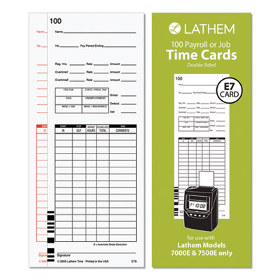 Time Clock Cards for Lathem Time 7000E/7500E, Two Sides, 3.38 x 8.78, 100/Pack
