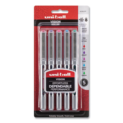 VISION Roller Ball Pen, Stick, Fine 0.7 mm, Assorted Ink and Barrel Colors, 5/Pack