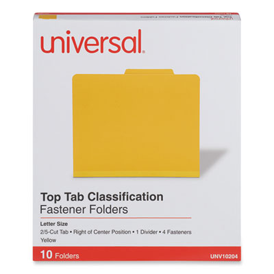 Bright Colored Pressboard Classification Folders, 2" Expansion, 1 Divider, 4 Fasteners, Letter Size, Yellow Exterior, 10/Box