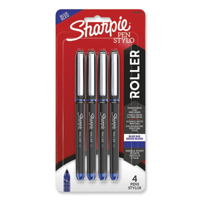 Professional Design Roller Ball Pen, Stick, Fine 0.5 mm, Blue Ink, Black/Blue Barrel, 4/Pack