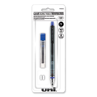 KuruToga Mechanical Pencil with Tube of Lead/Erasers, 0.5 mm, HB (#2), Black Lead, Black Barrel