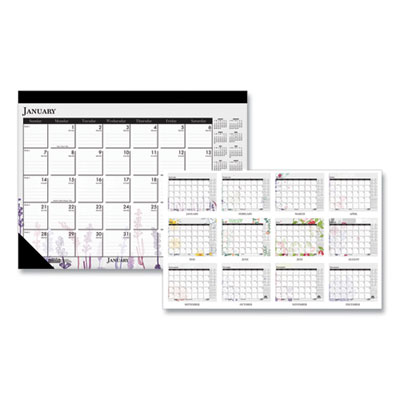 Recycled Desk Pad Calendar, Wild Flowers Artwork, 22 x 17, White Sheets, Black Binding/Corners,12-Month (Jan-Dec): 2024