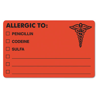 Allergy Warning Labels, ALLERGIC TO: PENICILLN, CODEINE, SULFA, 2.5 x 4, Fluorescent Red, 100/Roll